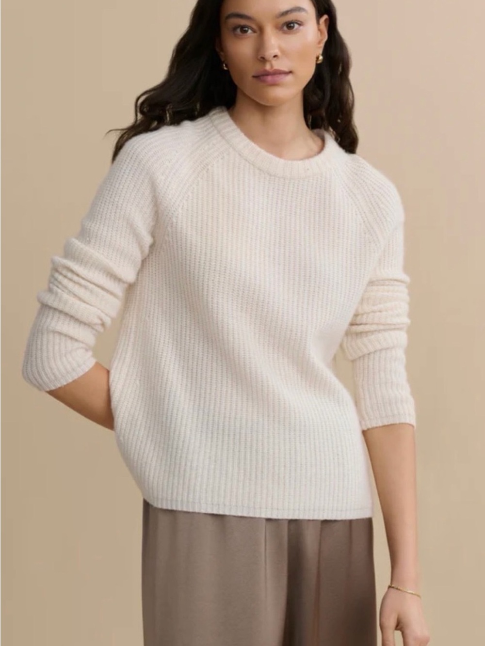 JENNI KAYNE CREAM CASHMERE RIBBED CREWNECK SWEATER SIZE LARGE